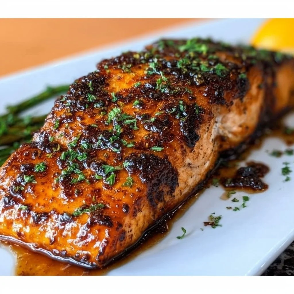 Delicious honey glazed salmon served on a plate with vibrant vegetables.