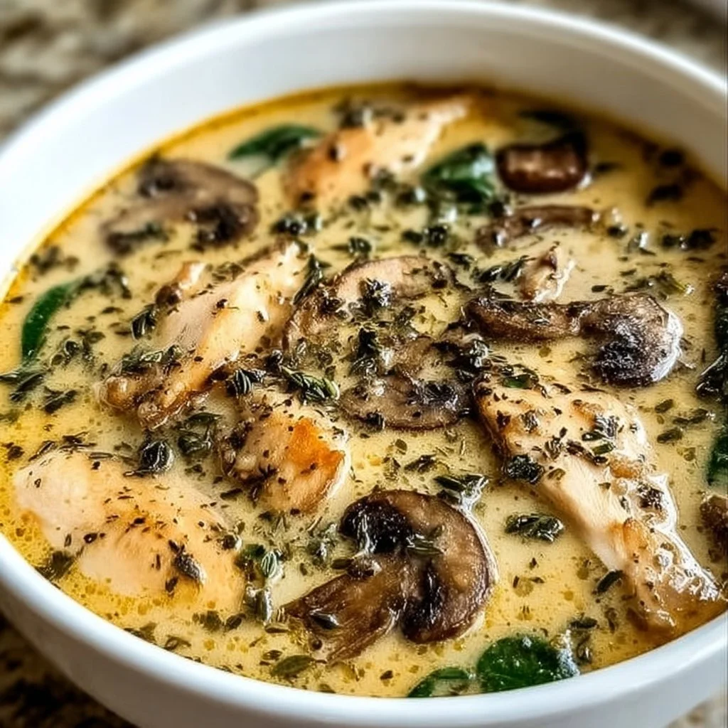 Bowl of creamy rotisserie chicken mushroom soup garnished with herbs