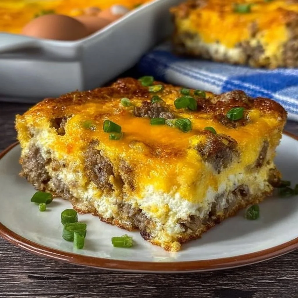 Delicious Sausage and Egg Casserole baked with cheese and herbs
