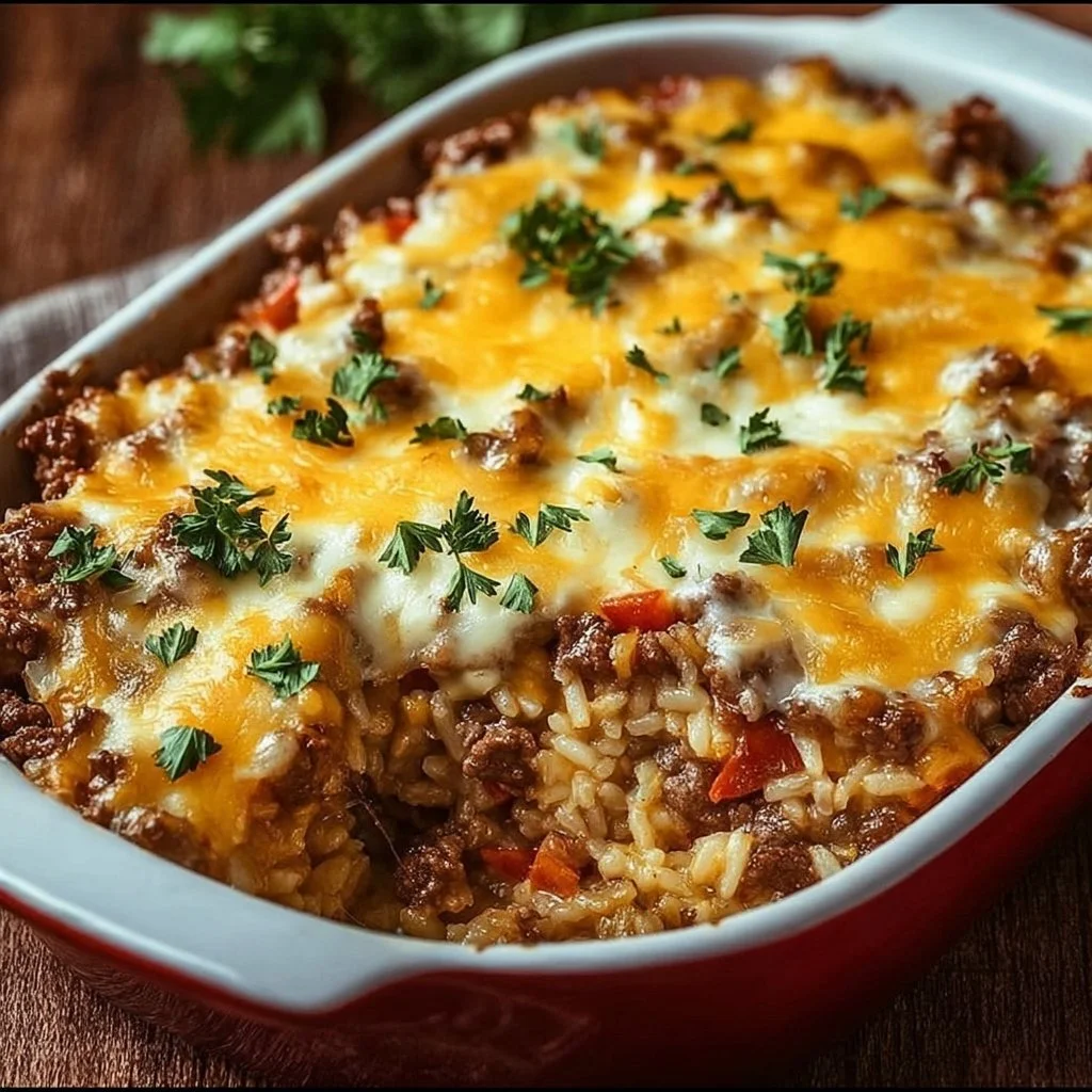 Savory beef and rice casserole ready to serve in a casserole dish