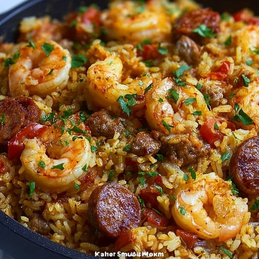 Shrimp sausage dirty rice dish served in a bowl