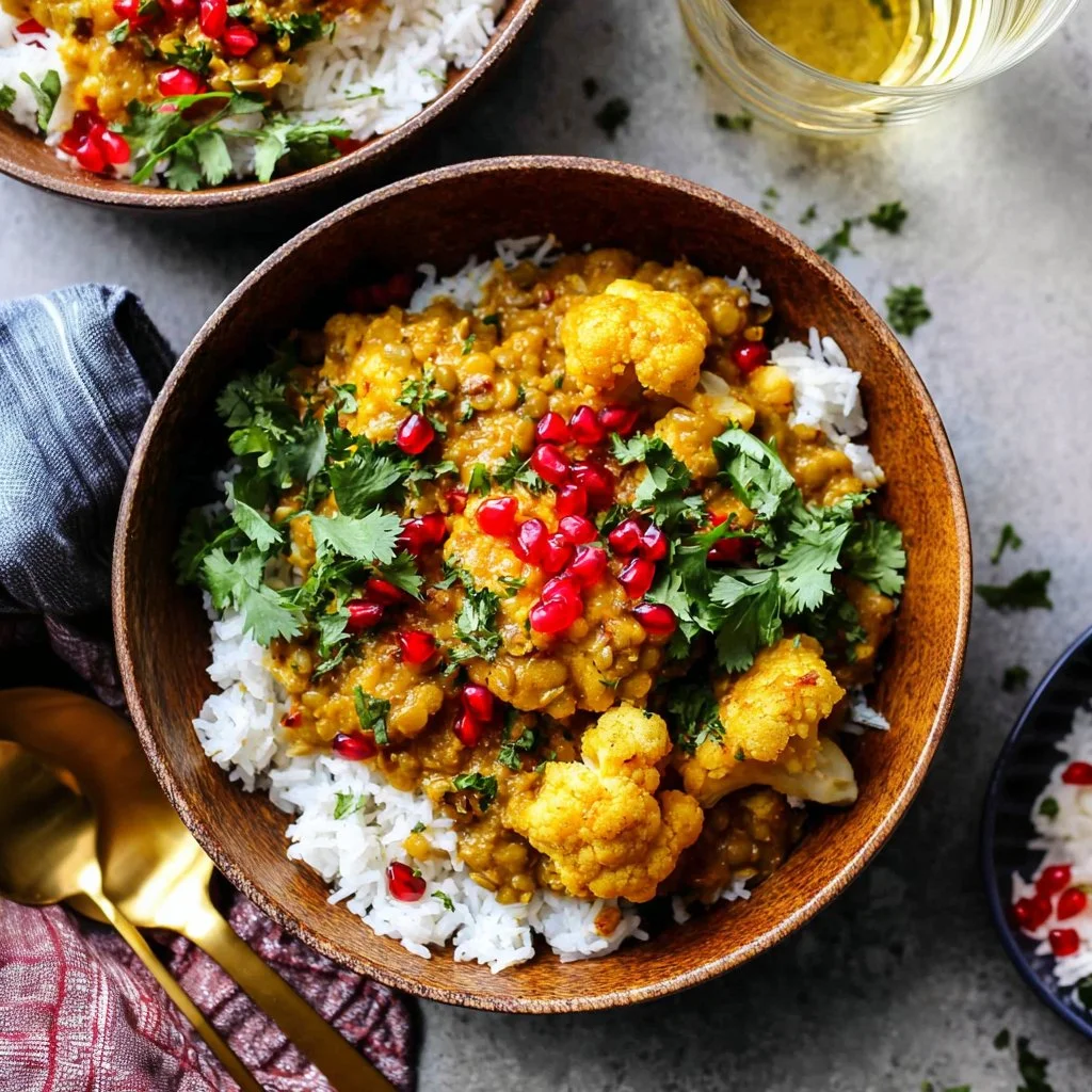A bowl of slow cooker cauliflower lentil curry with spices and herbs.