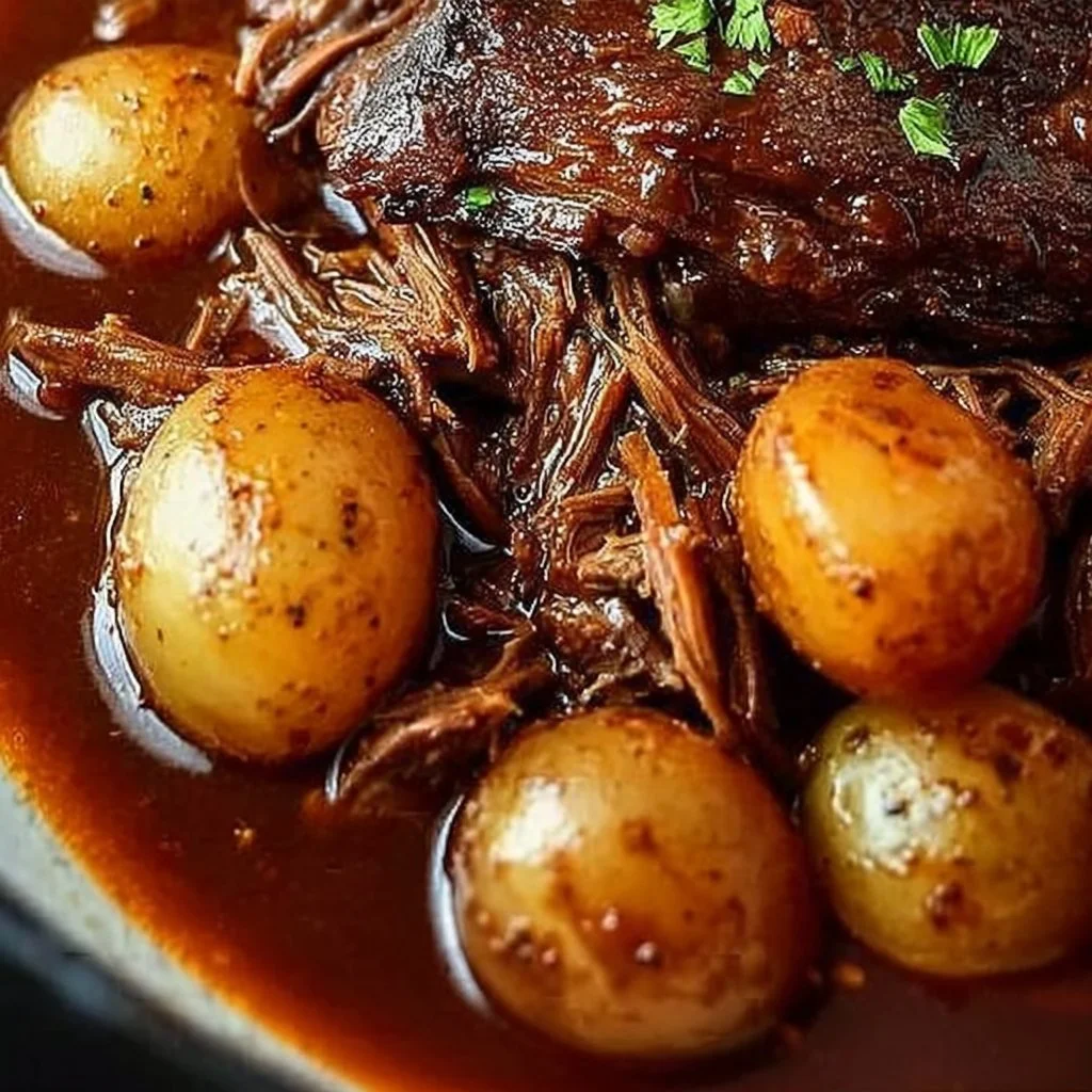 A hearty bowl of slow cooker stew with vegetables and meat