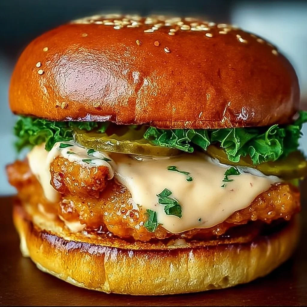 Spicy Chicken Sandwich with Creamy Homemade Sauce on a plate