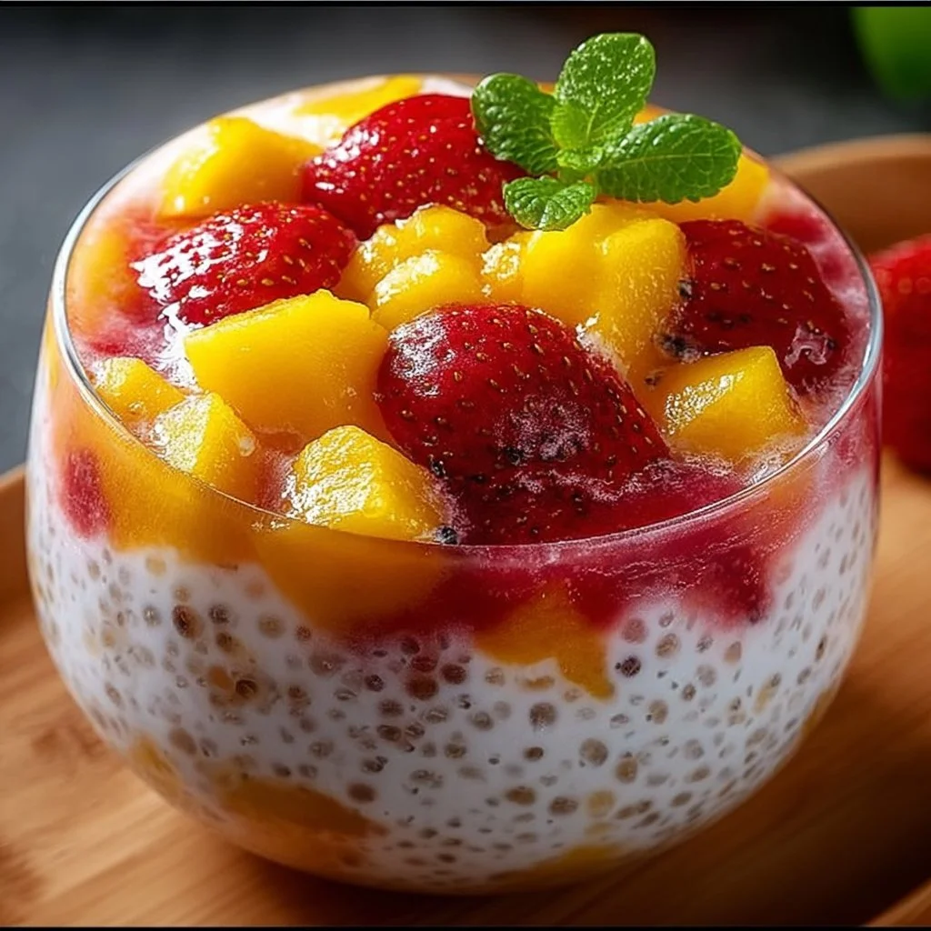 Delicious Strawberry Mango Sago dessert featuring strawberries, mangoes, and sago pearls.