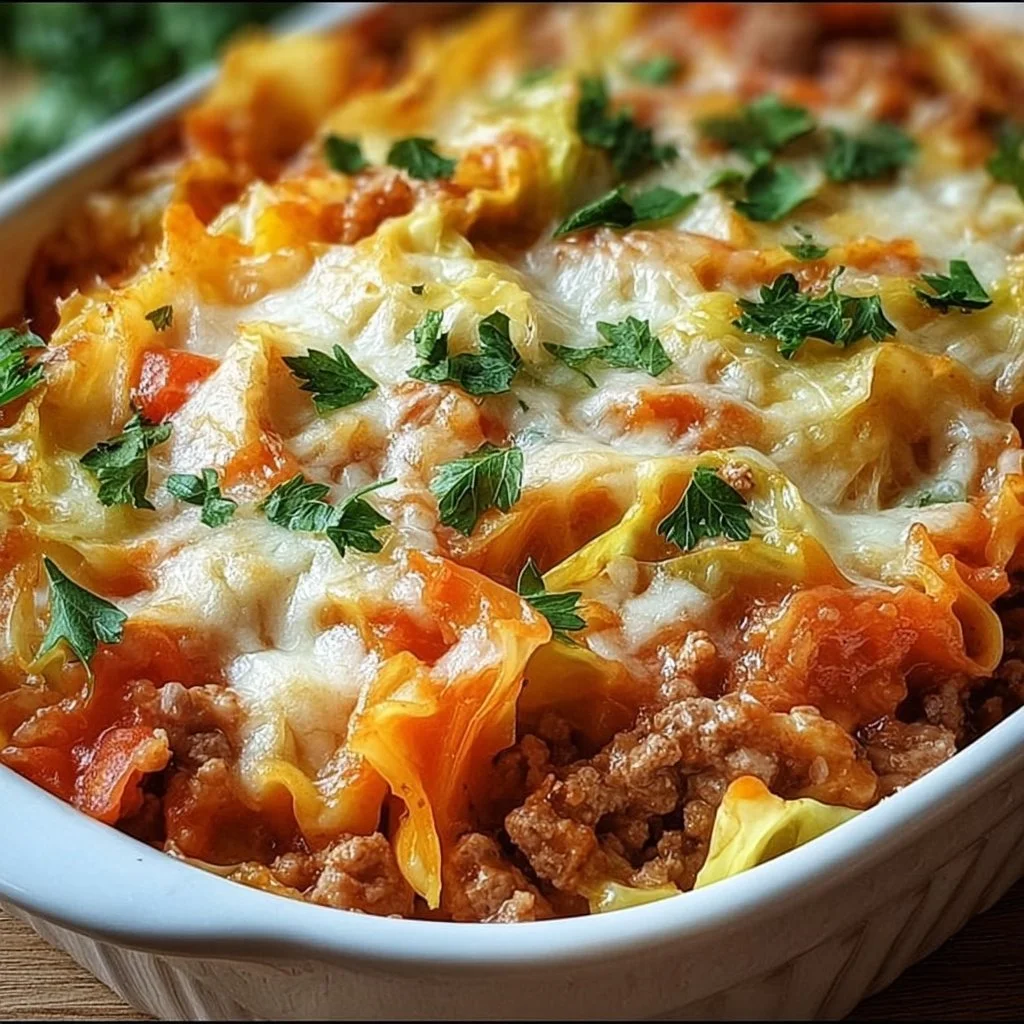 Delicious stuffed cabbage roll casserole served on a plate with garnish.