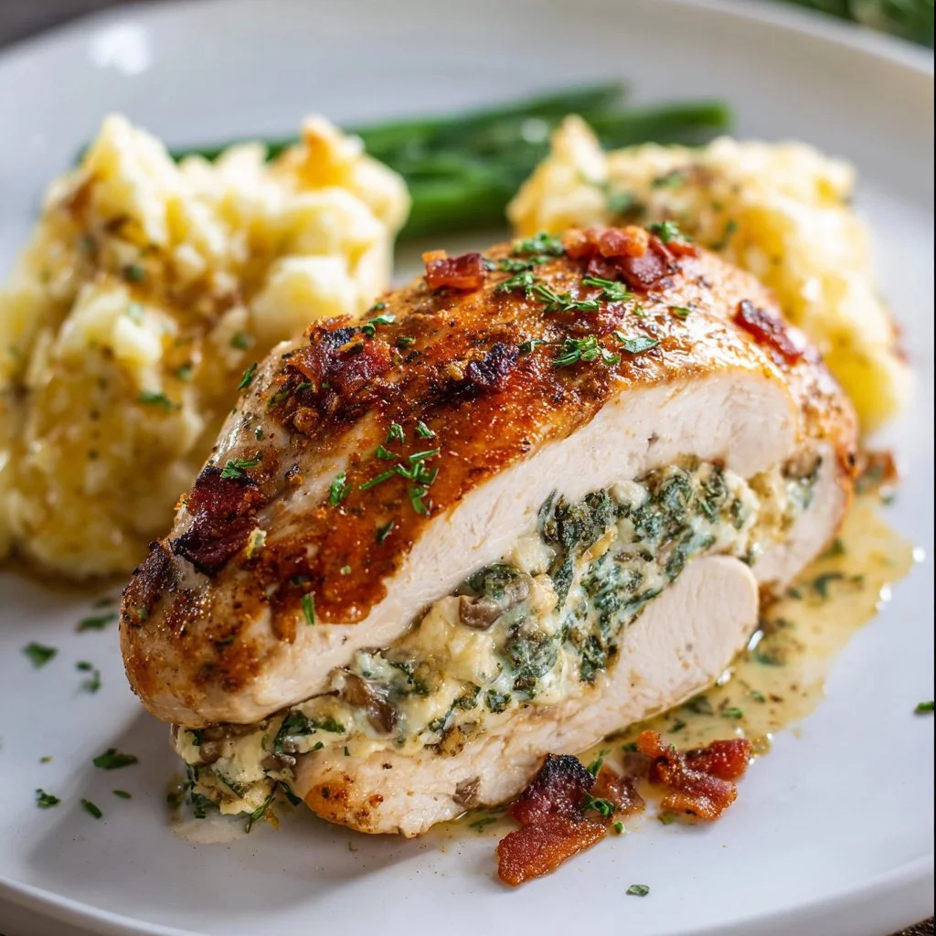 Creamy stuffed chicken breast cooked to perfection with flavorful ingredients.