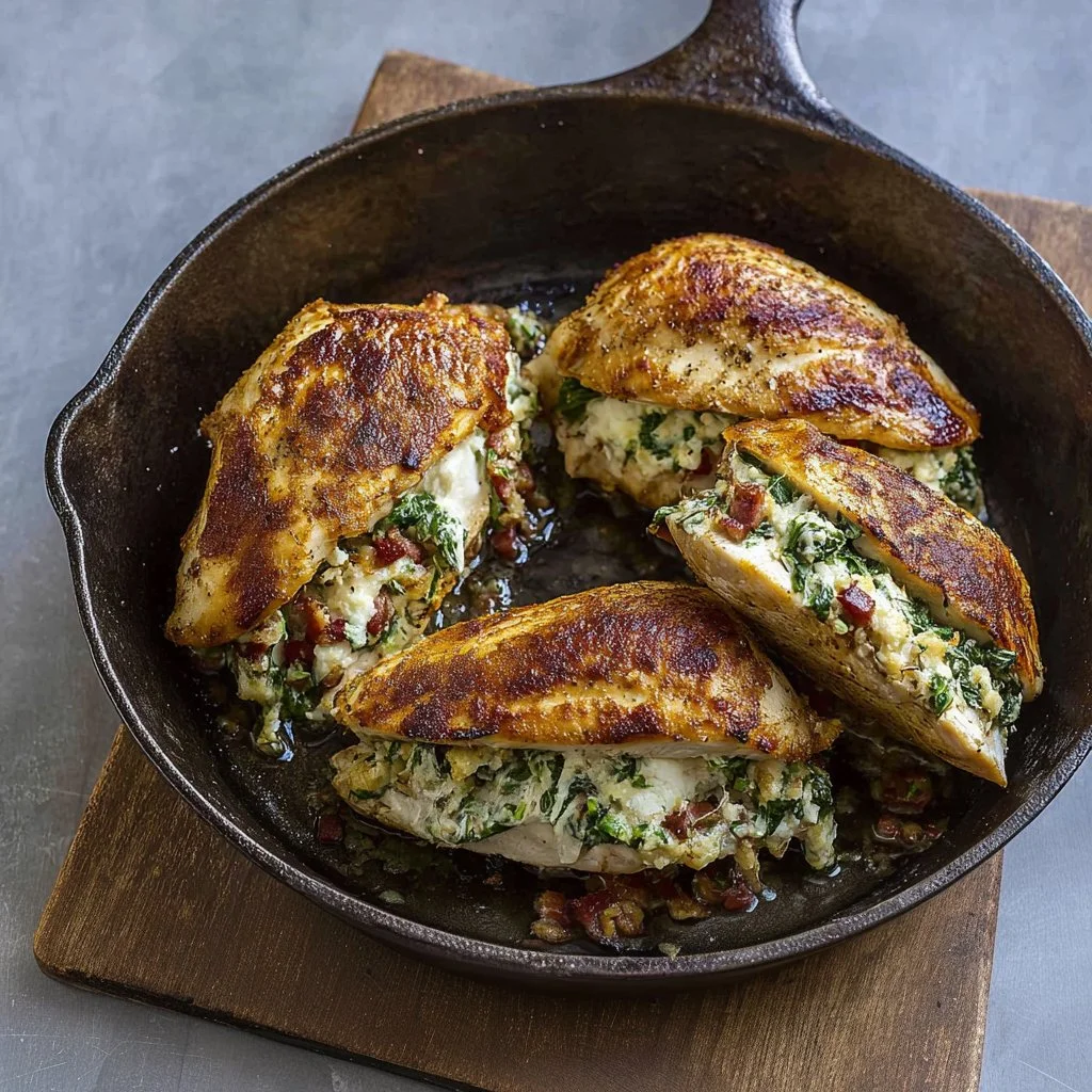 Stuffed chicken breast with creamy filling on a plate, ready to serve