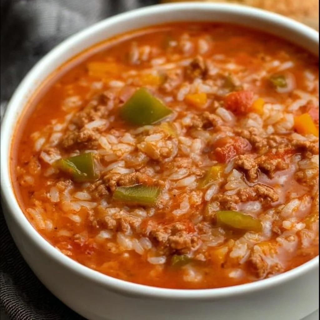 Delicious bowl of stuffed pepper soup garnished with parsley