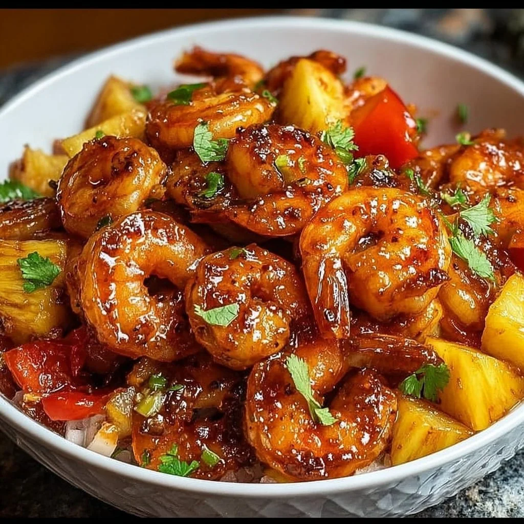 Plate of Sweet Chili Pineapple Shrimp garnished with herbs