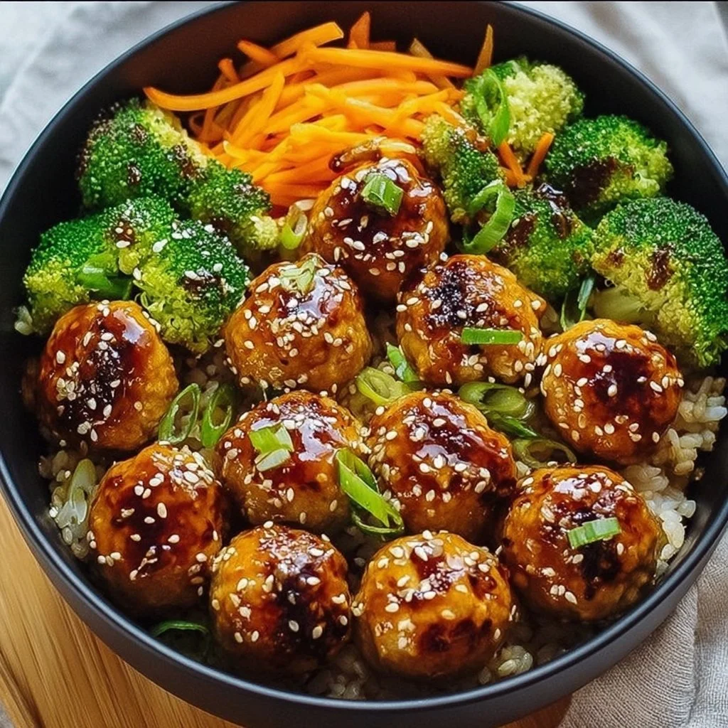 Delicious Sweet & Spicy Sesame Chicken Meatball Bowls with vibrant vegetables