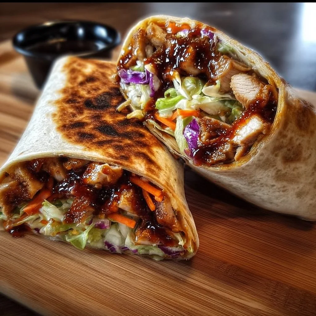 Delicious teriyaki chicken wrap garnished with fresh vegetables and sauce.