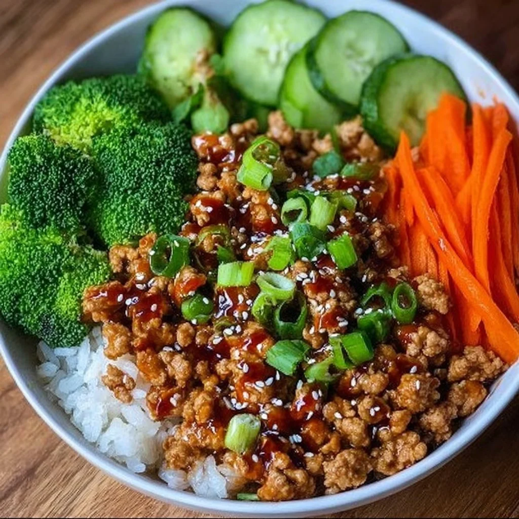 Delicious Teriyaki Ground Turkey Bowl garnished with fresh vegetables