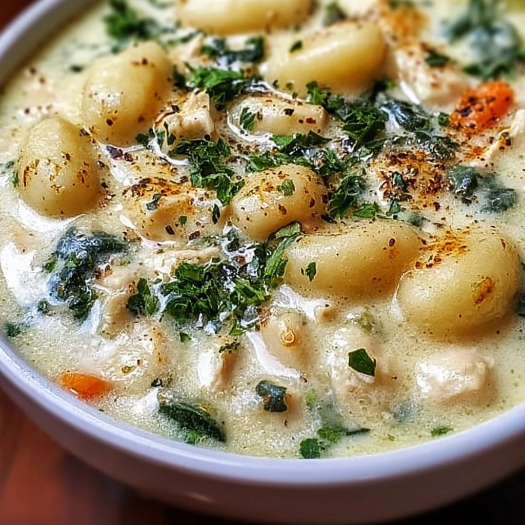 Bowl of homemade chicken gnocchi soup with fresh herbs and vegetables