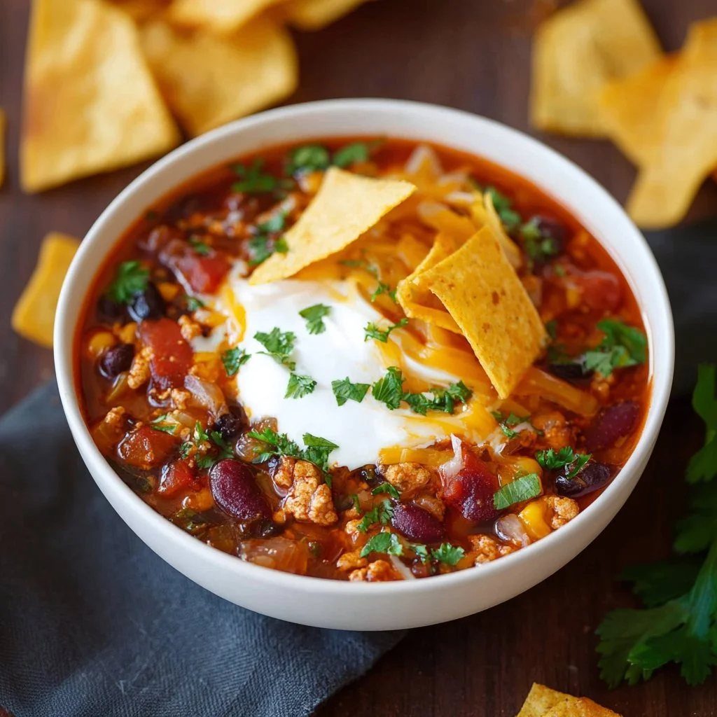 Bowl of hearty turkey chili garnished with cilantro and served with cornbread