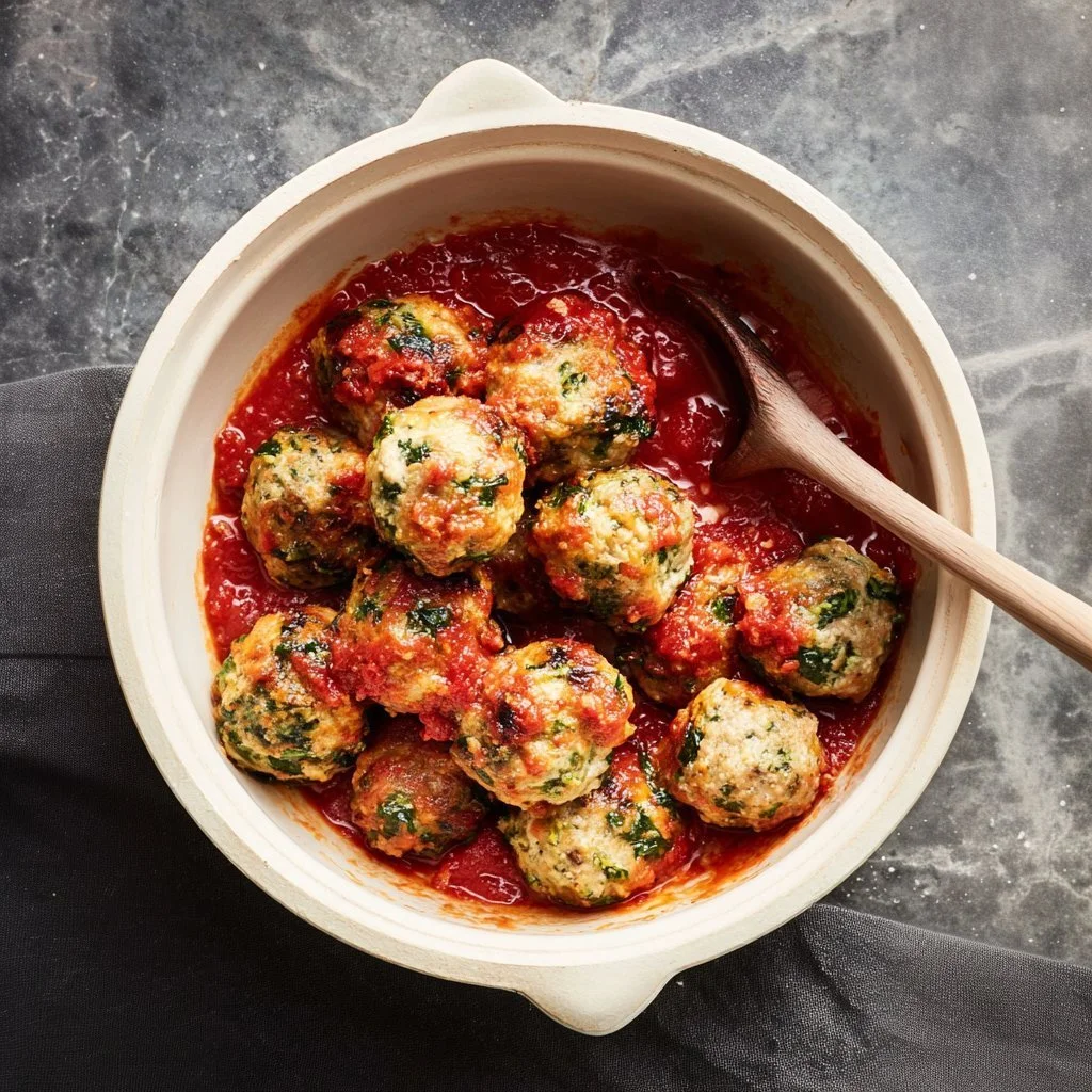 Turkey, spinach, and cheese meatballs served on a plate garnished with parsley.