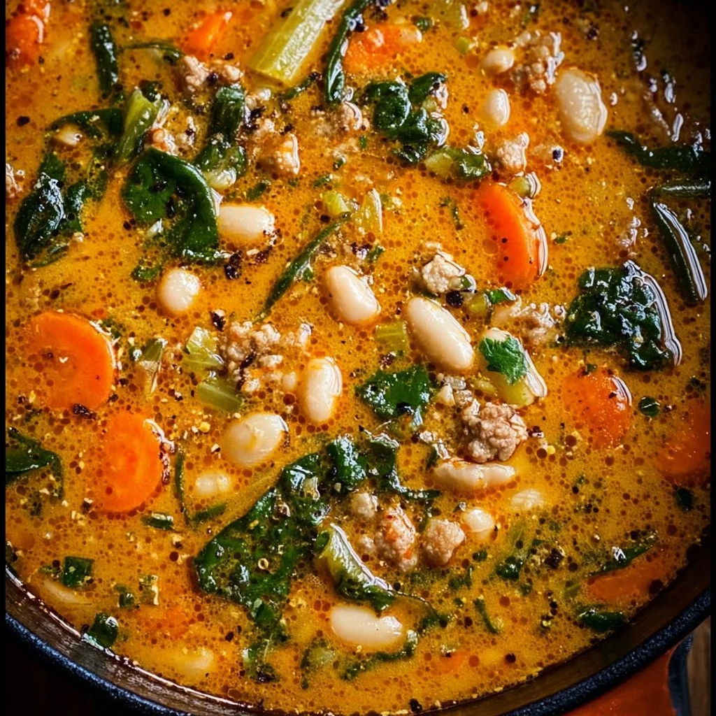 Bowl of hearty Tuscan White Bean Soup garnished with fresh herbs