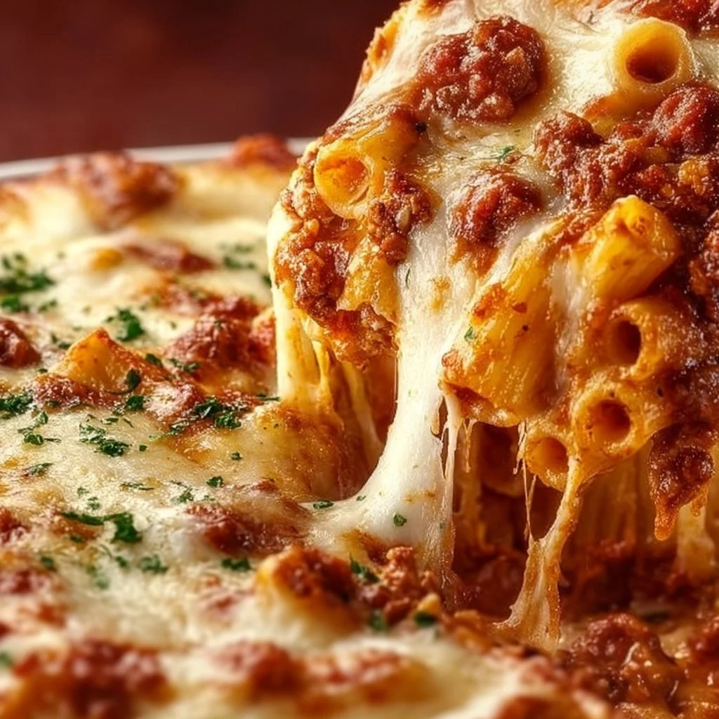 Cheesy baked rigatoni topped with melted cheese and herbs, served in a baking dish.