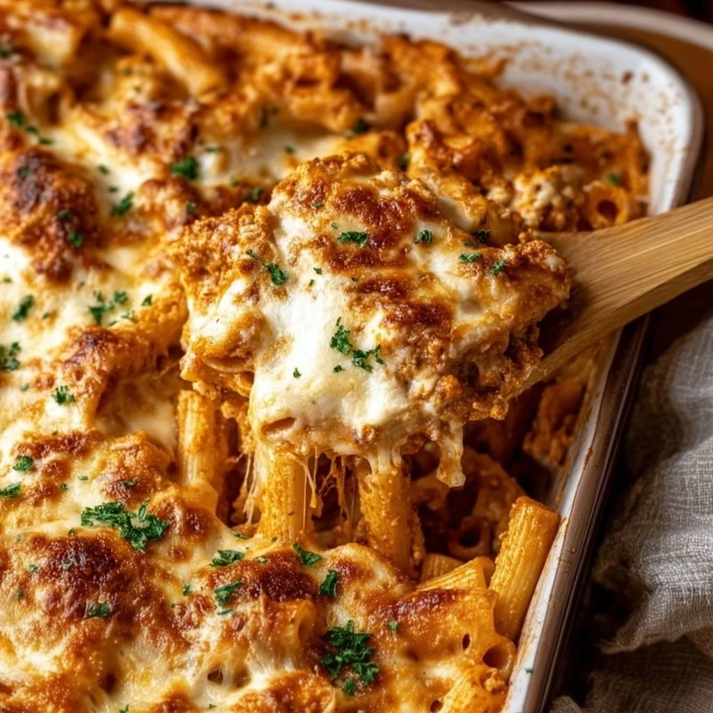 Creamy cheesy baked ziti topped with melted cheese and herbs