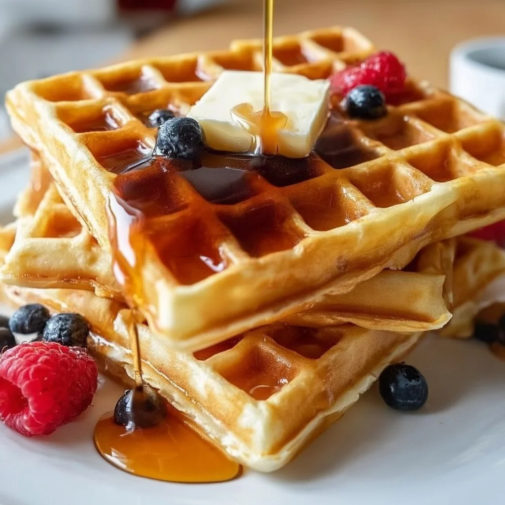 Golden brown waffles topped with syrup and berries