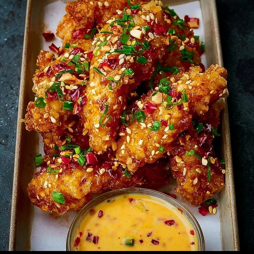 Plate of spicy Bang Bang Chicken garnished with green onions and sesame seeds.