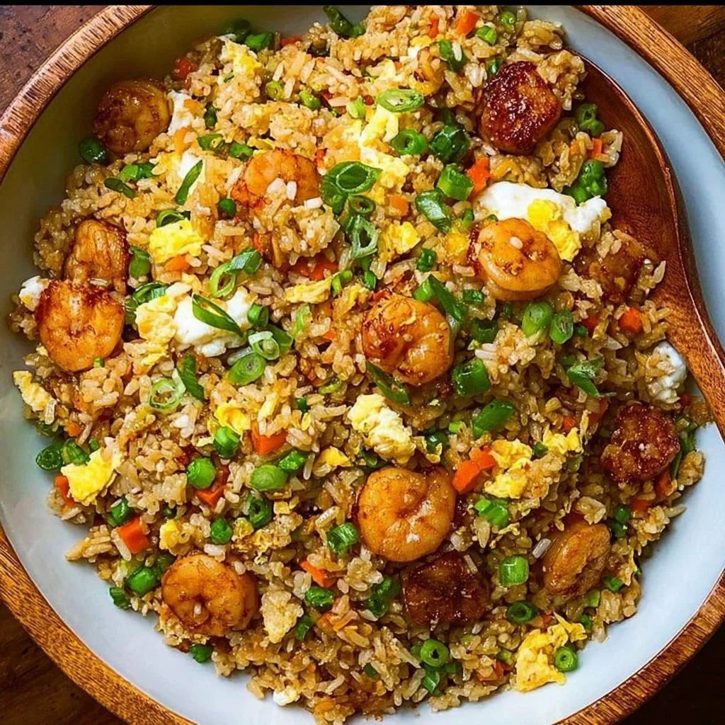 A colorful bowl of Bang Bang Fried Rice topped with fresh vegetables and herbs