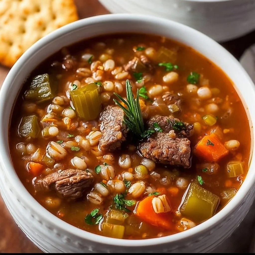 Delicious Beef Barley Vegetable Soup with tender beef, barley, and fresh veggies