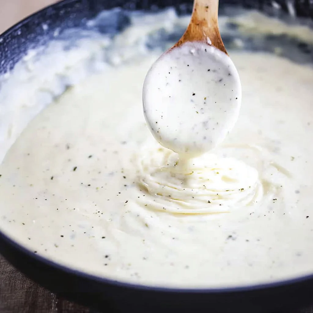 Bowl of creamy homemade Alfredo sauce with fresh herbs and spaghetti.