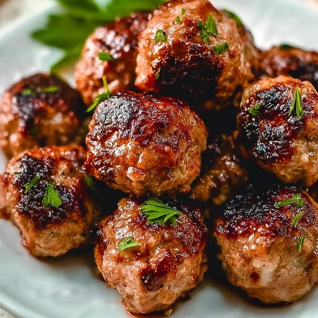 Delicious homemade Italian meatballs on a plate with marinara sauce