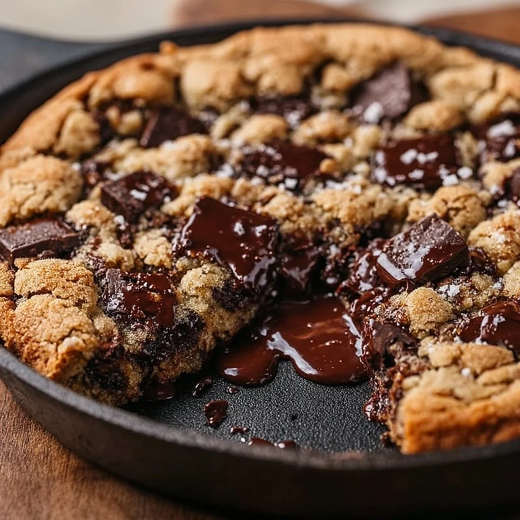 Brown Butter Chocolate Chunk Skillet Cookie served warm in a cast iron skillet