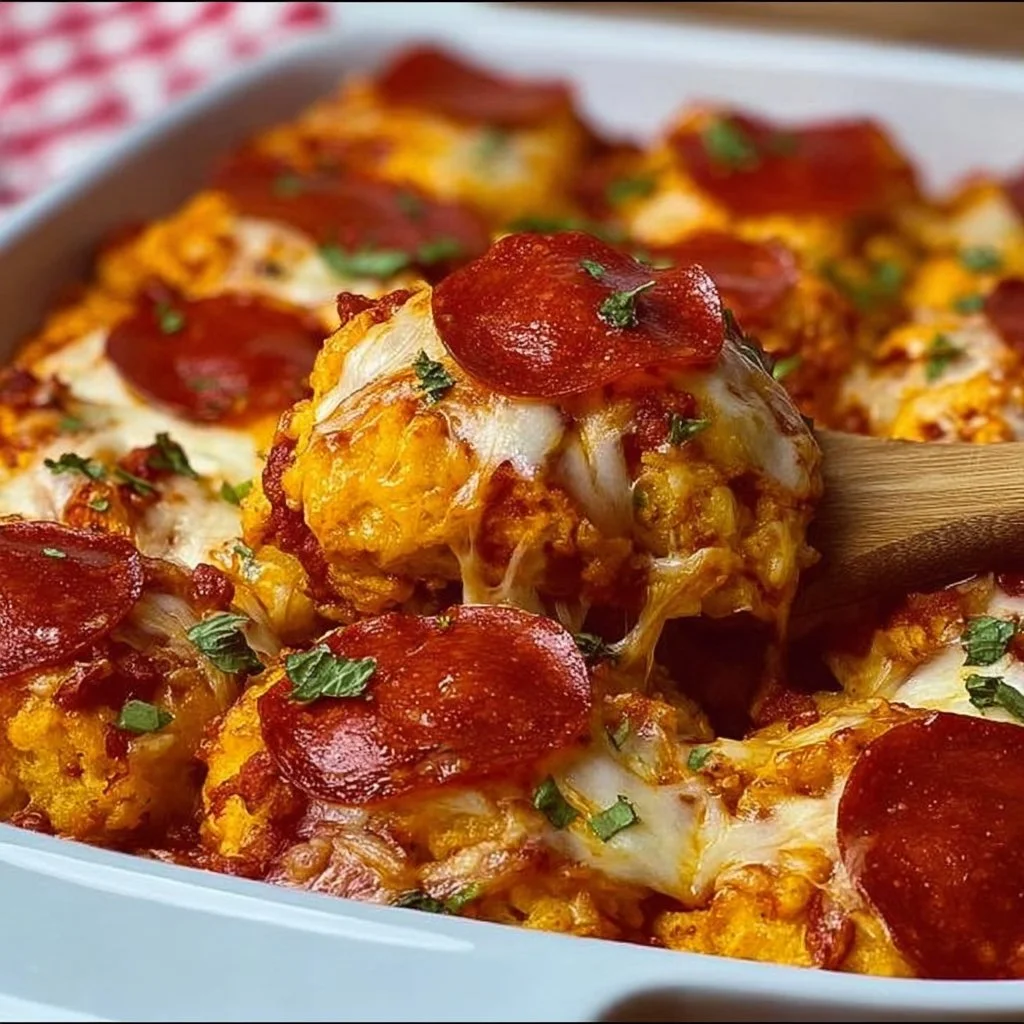 Bubble Up Biscuit Pizza Casserole topped with cheese and pepperoni