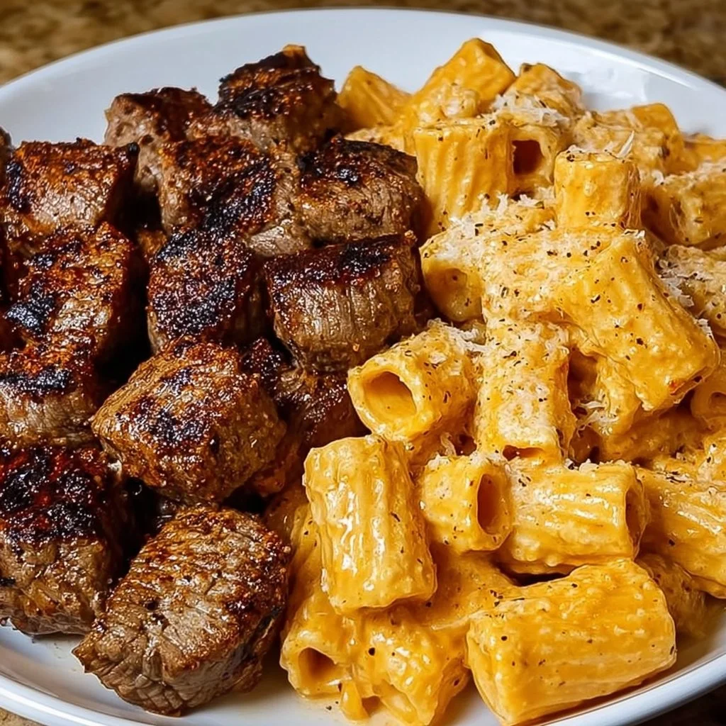 Cajun steak tips with creamy parmesan rigatoni on a plate