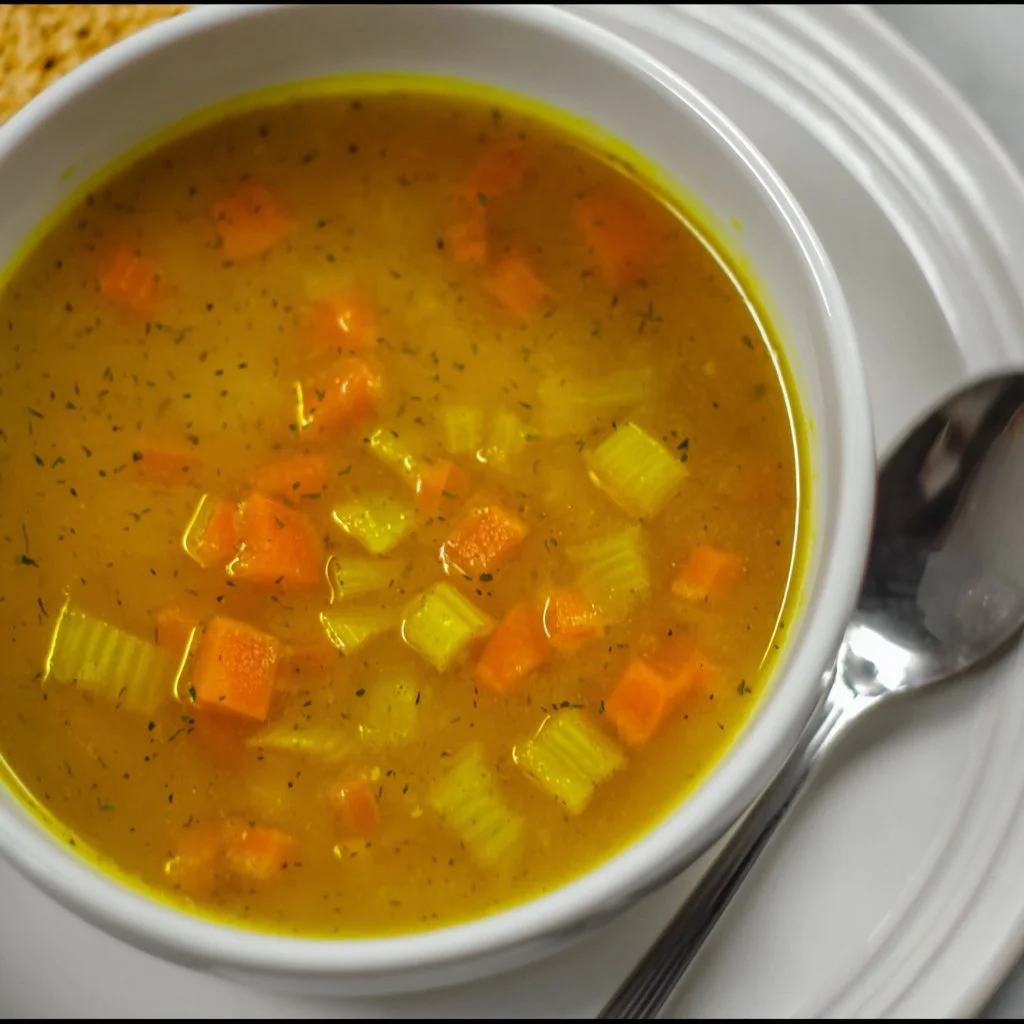 Bowl of homemade Carrot and Celery Soup garnished with fresh herbs