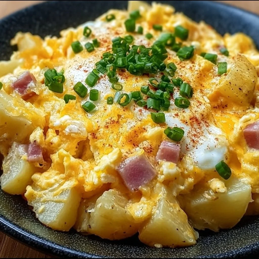 Cheesy potato egg scramble served in a bowl with herbs on top