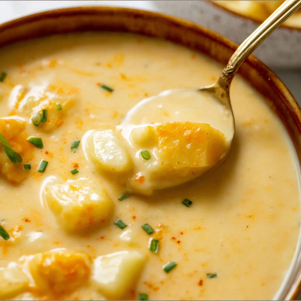 Creamy cheesy potato soup served in a bowl, garnished with chives.