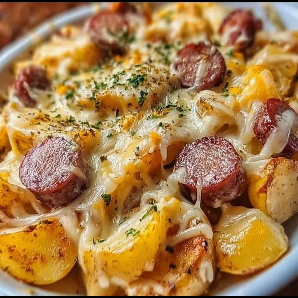 Baked cheesy ranch potatoes topped with smoked sausage and melted cheese