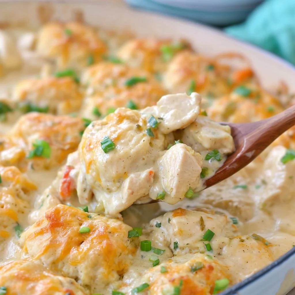 Delicious Chicken and Biscuits Casserole served in a baking dish