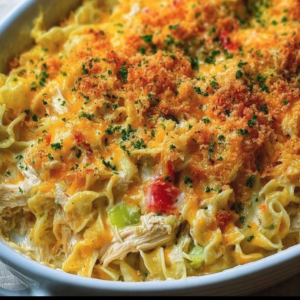 Creamy Chicken Cheddar Noodle Bake in a casserole dish, topped with melted cheese.