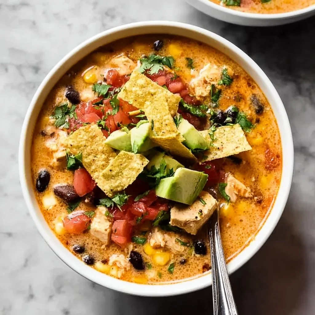 Delicious Chicken Taco Soup with toppings in a bowl