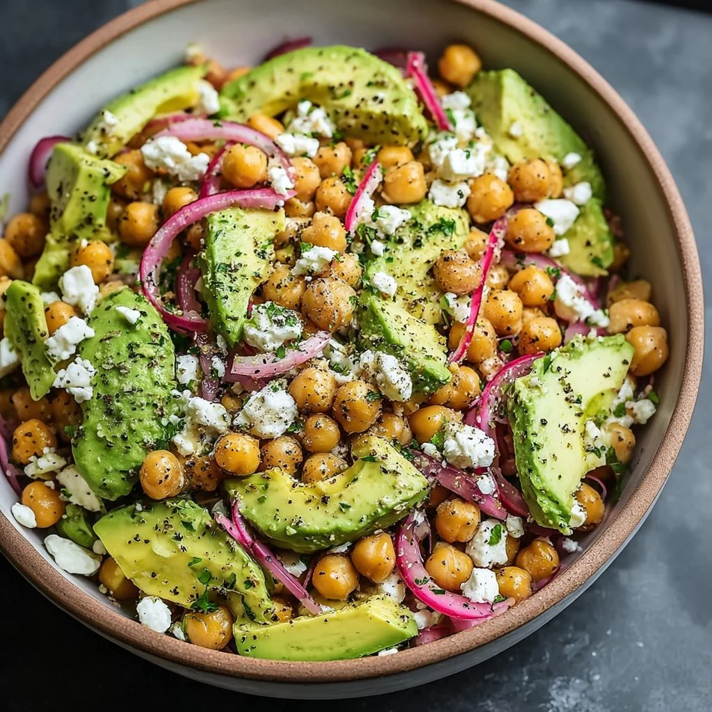 Colorful Chickpea Feta Avocado Salad served in a bowl with fresh ingredients
