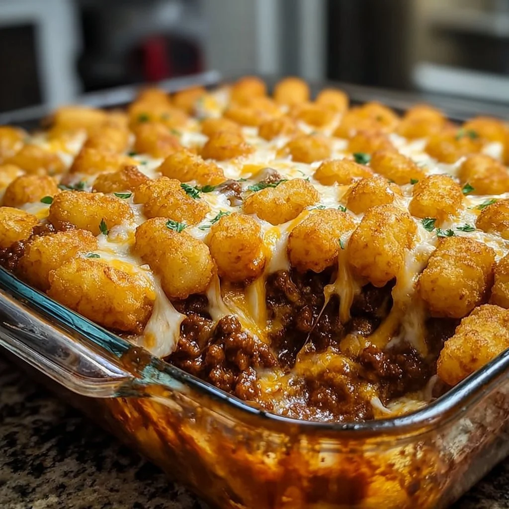 Delicious Chili Cheese Tater Tot Casserole topped with melted cheese and hearty chili.