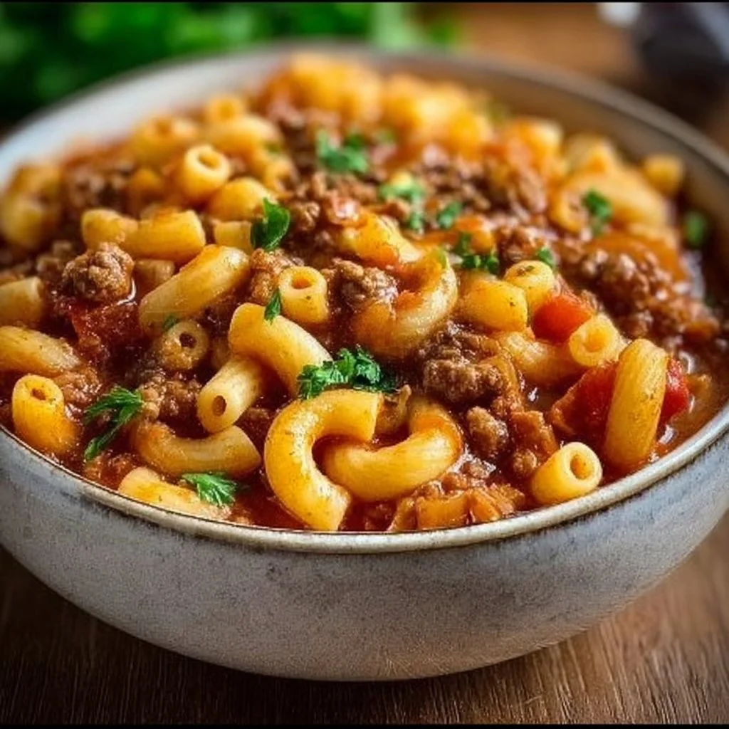 Delicious bowl of Chili Mac topped with cheese and herbs, perfect comfort food.