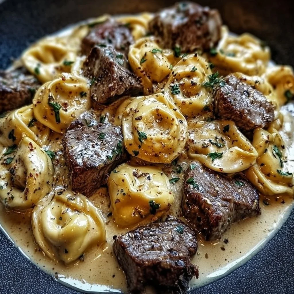Cracked Garlic Steak Tortellini served in creamy sauce