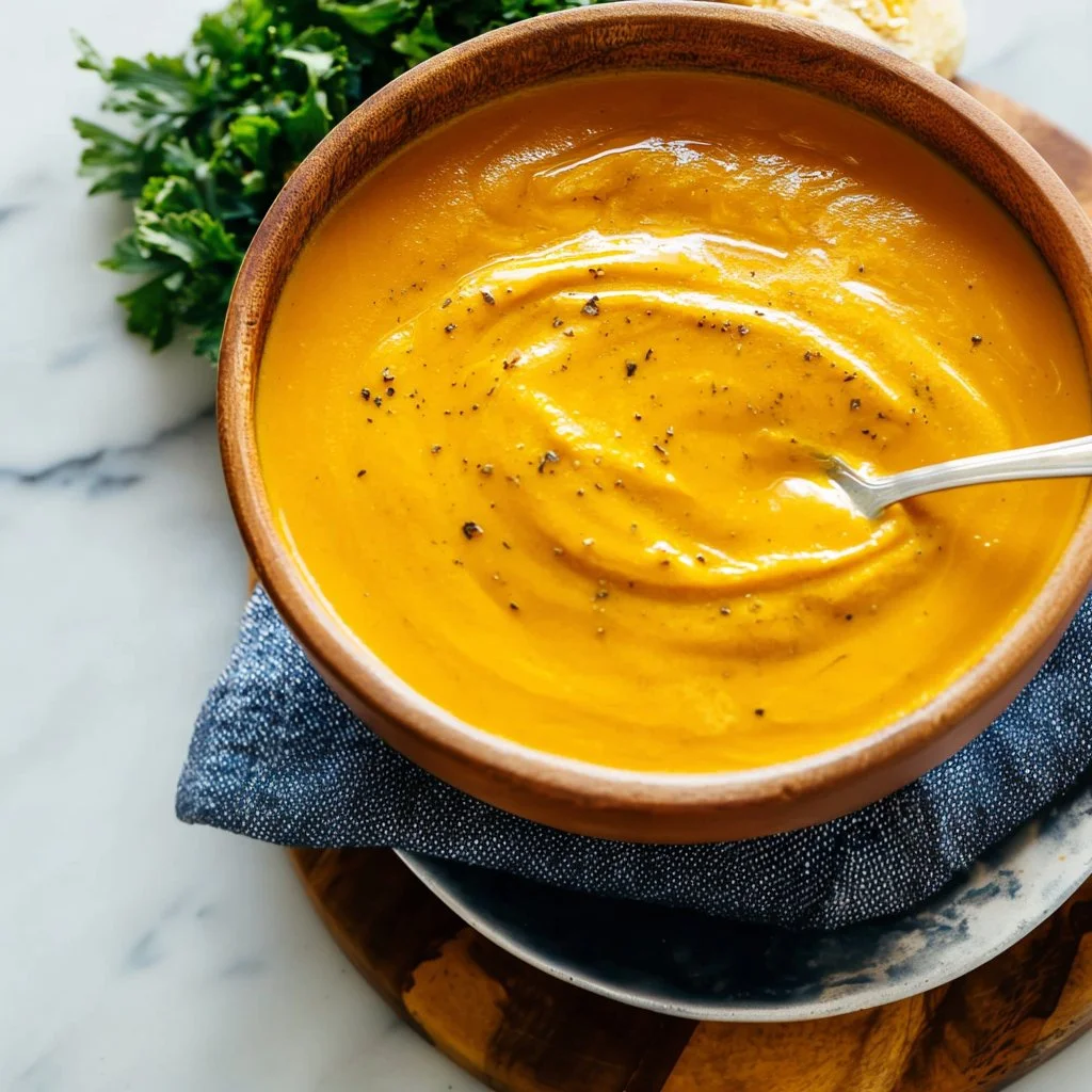 Bowl of creamy roasted carrot soup garnished with herbs