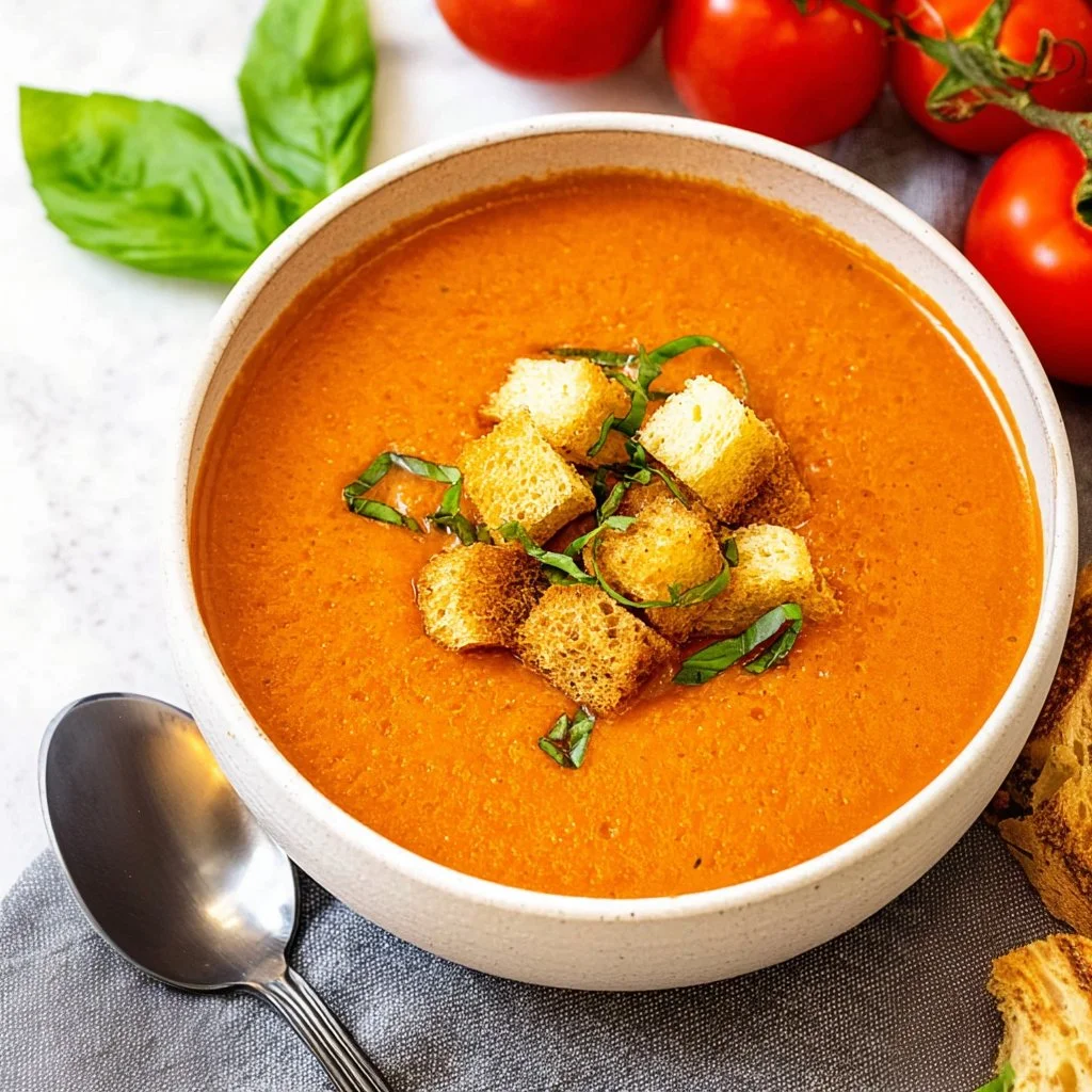 Bowl of creamy tomato basil parmesan soup with fresh basil leaves