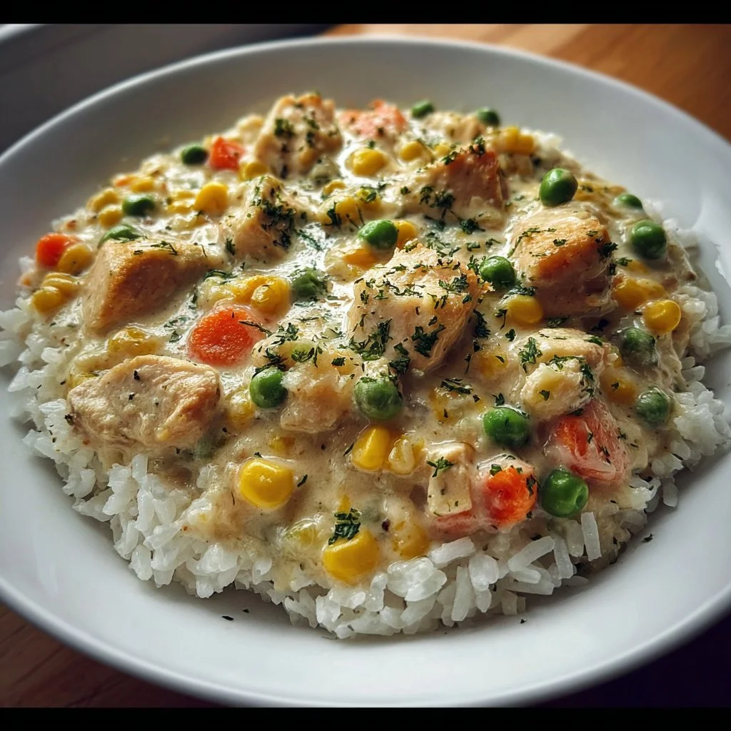 Delicious crustless chicken pot pie served in a bowl with vegetables