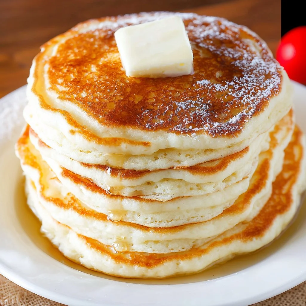 A stack of delightfully fluffy pancakes topped with fresh fruits and syrup