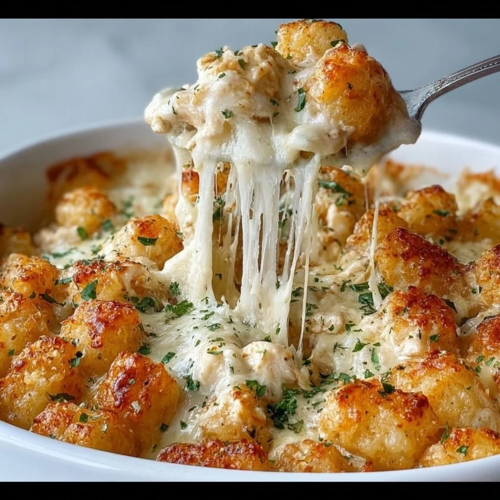 Easy Chicken Alfredo Tater Tot Casserole topped with cheese and herbs