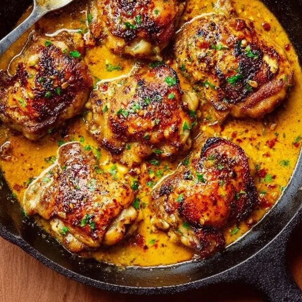 Delicious easy skillet chicken thighs cooked to perfection in a frying pan