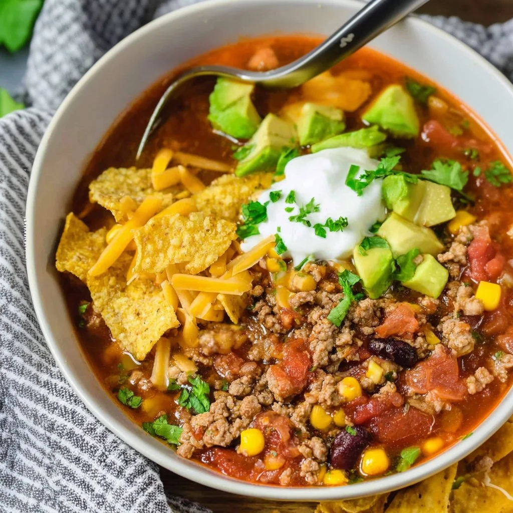 Delicious bowl of easy taco soup with toppings